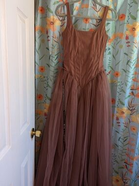 Lace & Beads Sleeveless Rose-Brown Tulle Dress with Corset Bodice